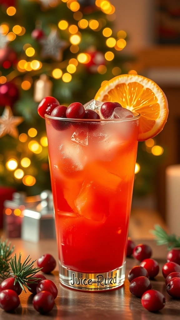 Christmas Themed Juice WRLD Inspired Drink A colorful Christmas drink with cranberries and orange slices, served in a glass with ice, surrounded by holiday decorations.